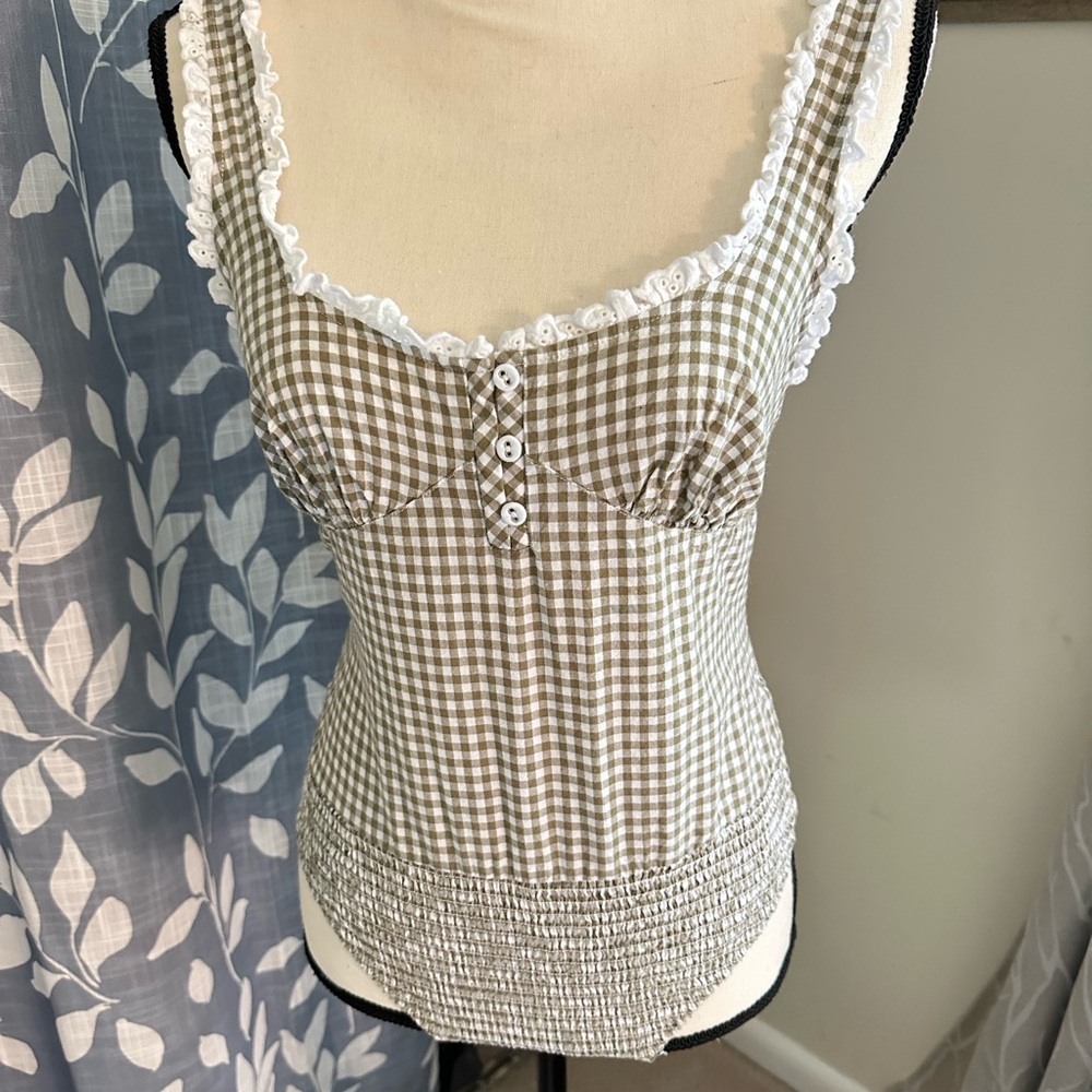 Free People Olive Green Gingham Bodysuit